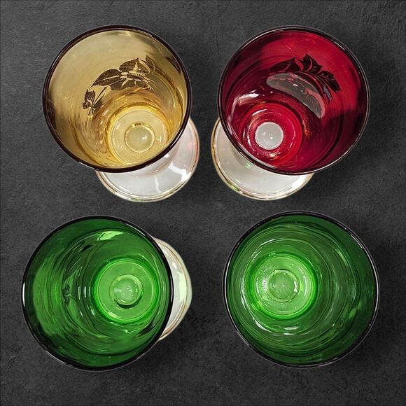 Set of 4 Vintage Footed Collins Glasses Mid-Century Libbey Style Gold Floral Red - Picture 3 of 11